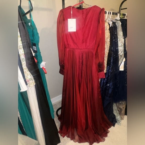 Mac Duggal 67873 NWT SHEER BLOUSON SLEEVE SURPLICE GOWN - garnet - Picture 5 of 8